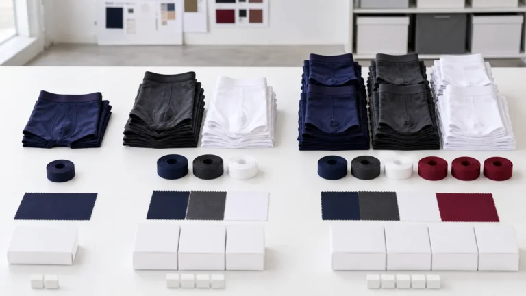 Illustrative private label underwear MOQ planning with colors, waistbands and packaging groups.