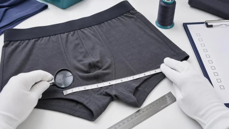 Illustrative underwear quality control check with measurement and seam inspection.