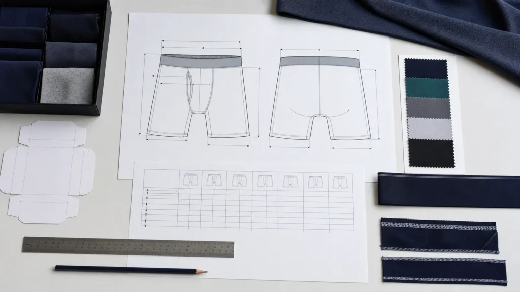 Illustrative underwear tech pack with technical drawings, measurements and material samples.