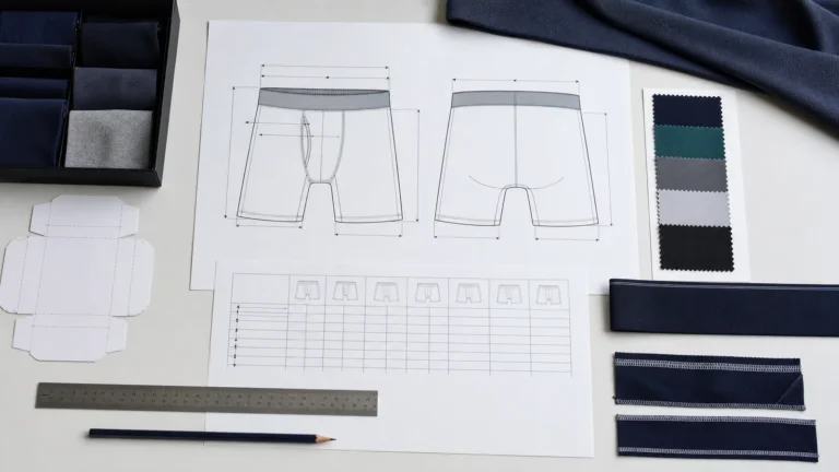 Illustrative underwear tech pack with technical drawings, measurements and material samples.