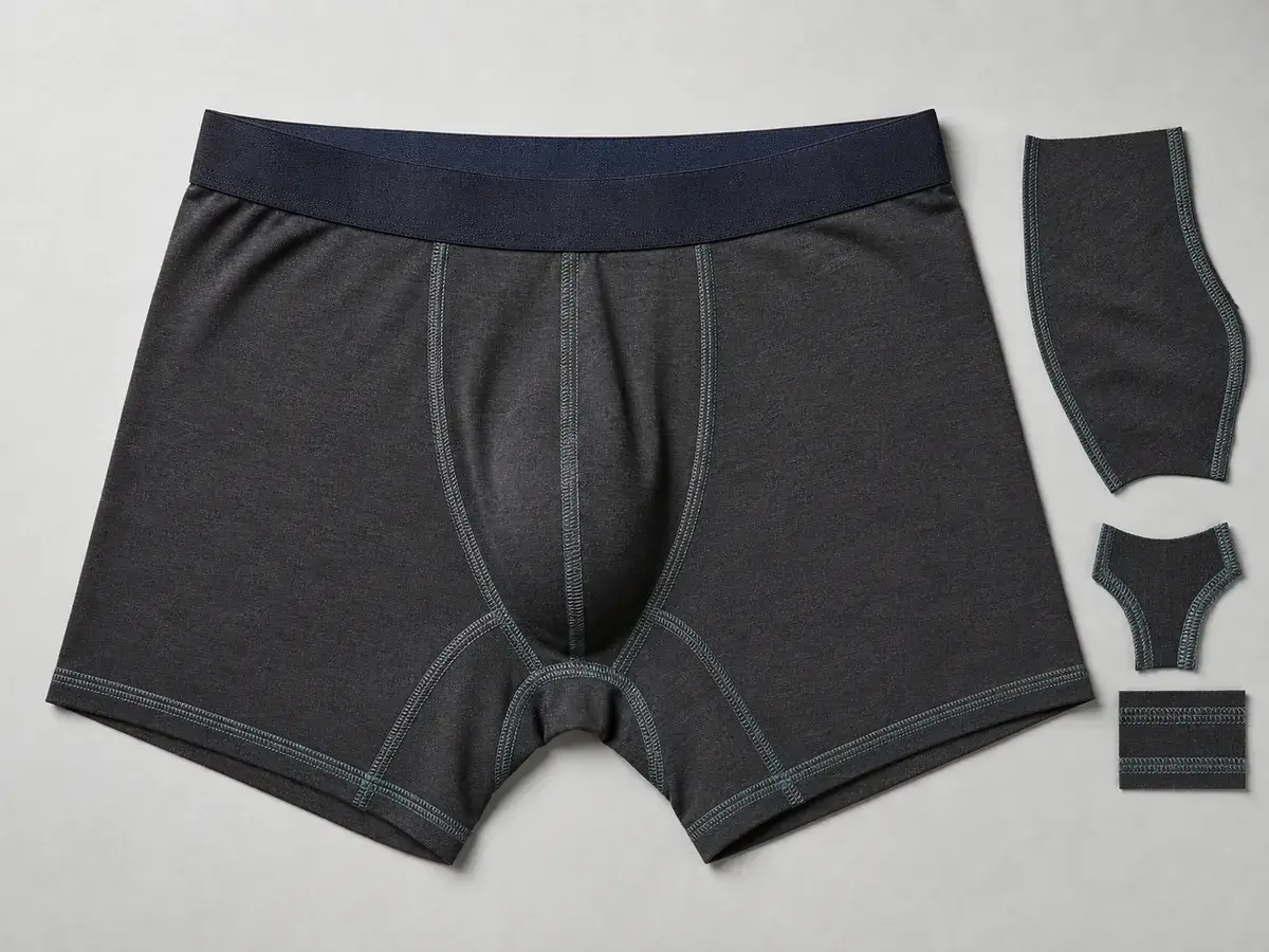 Illustrative boxer brief construction showing pouch, flatlock seams, gusset and leg finish.