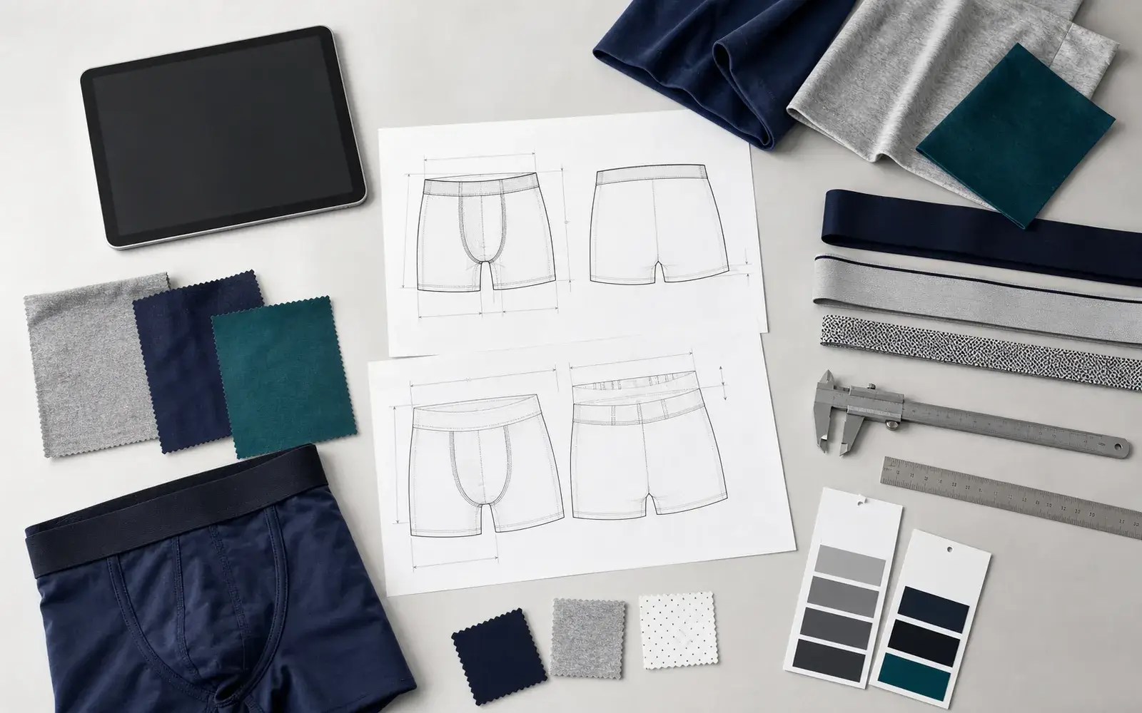 Illustrative underwear product development review with technical drawings and material samples.