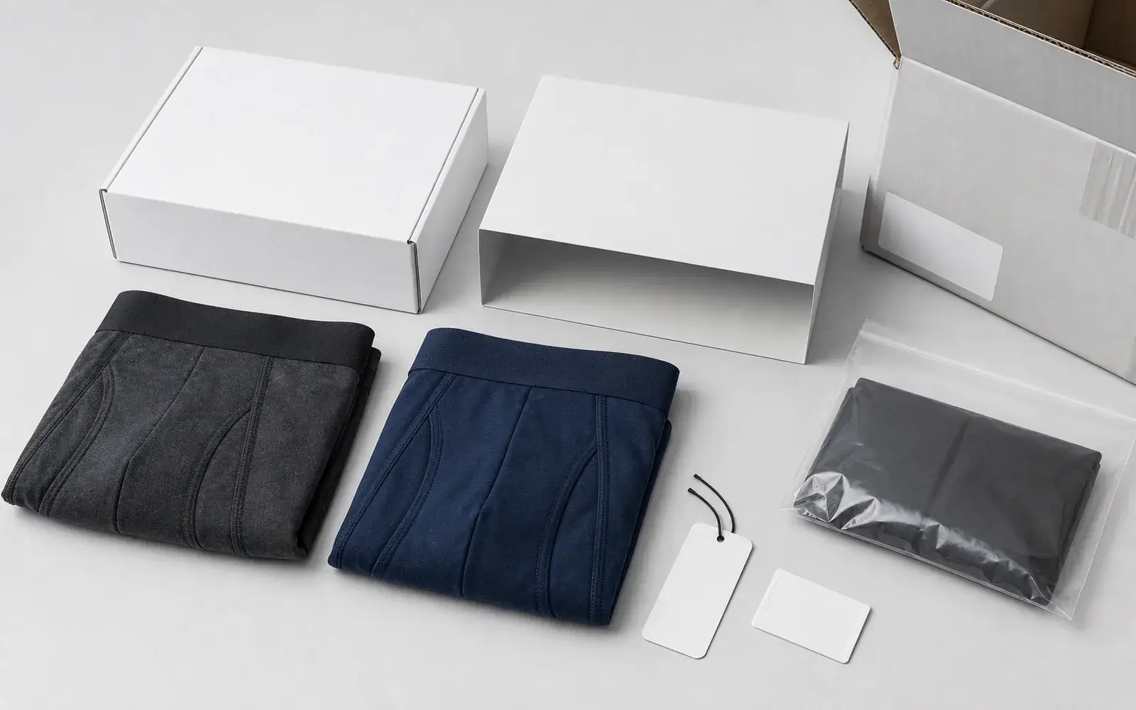 Illustrative unbranded underwear packaging system with boxes, sleeve, polybag and hangtag.