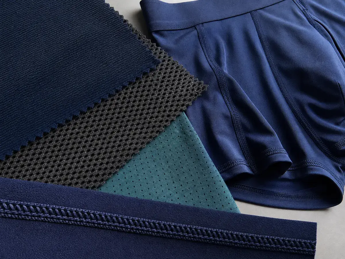 Illustrative performance underwear fabrics with micro mesh, stretch jersey and flatlock seam.