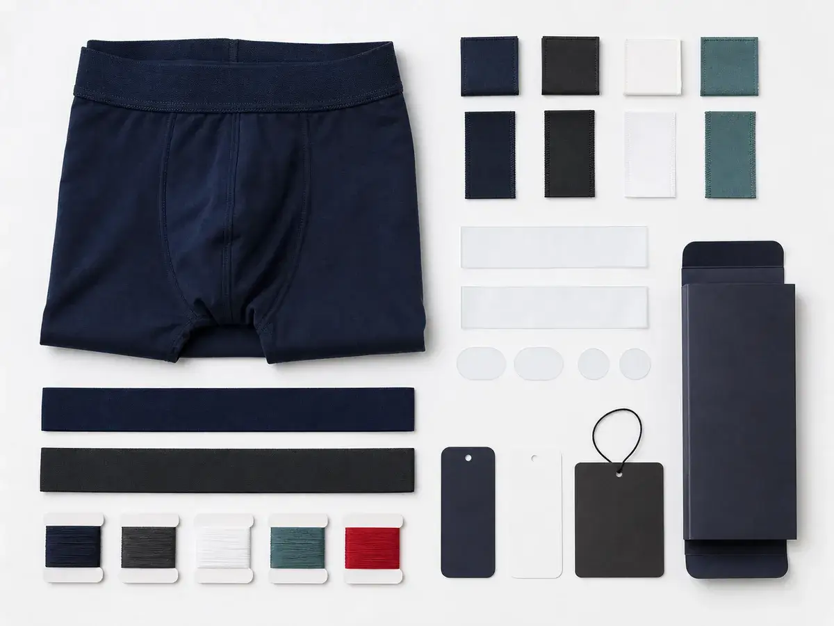 Illustrative private label underwear set with blank labels, waistbands, tags and packaging.