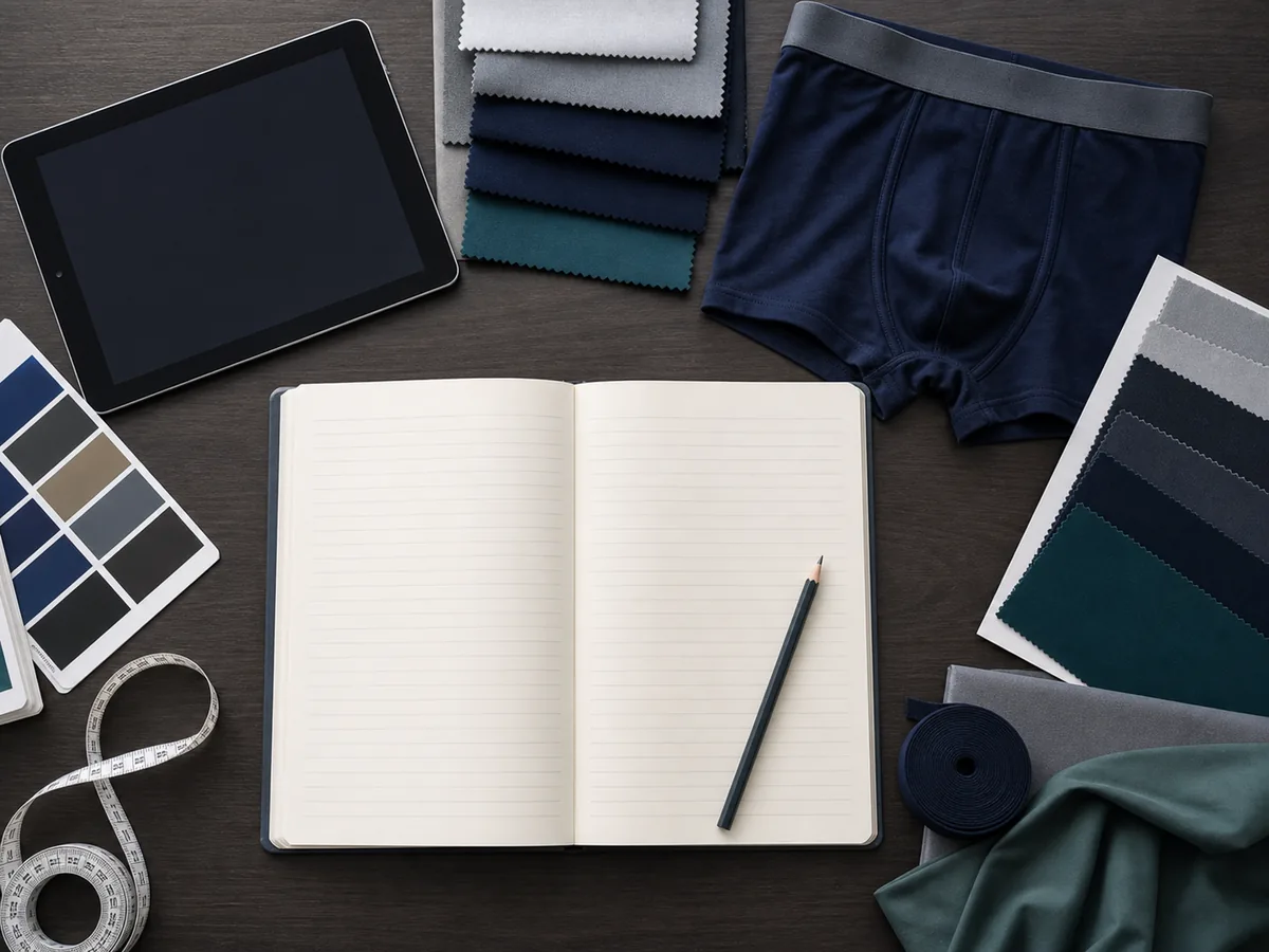 Illustrative underwear project brief desk with sample, swatches, measurement tape and notebook.