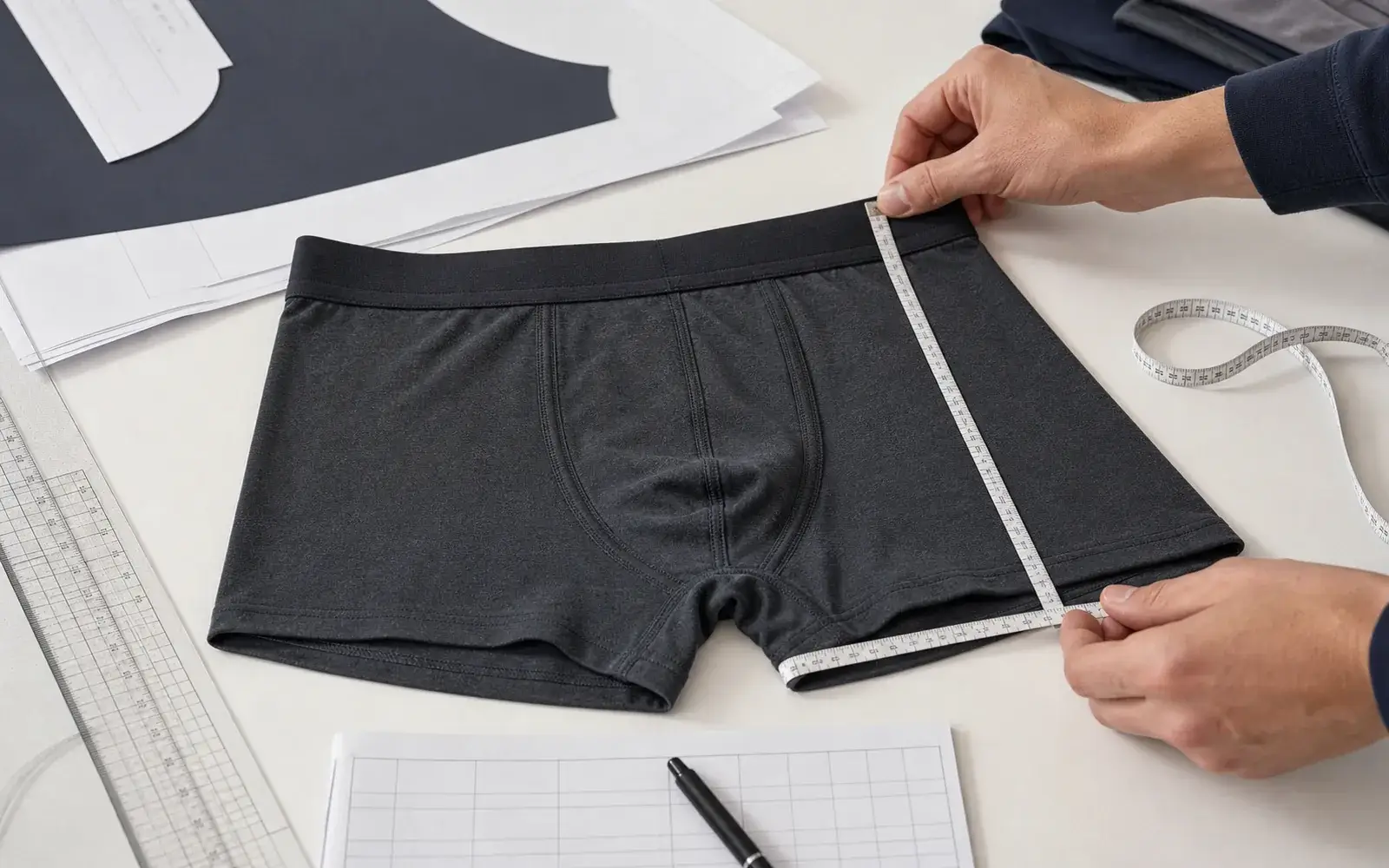Illustrative fit measurement check on a men's boxer brief sample.