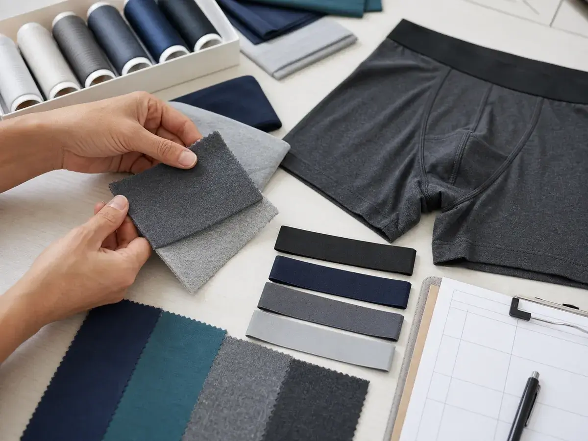 Illustrative fabric, waistband and thread selection for underwear sample development.